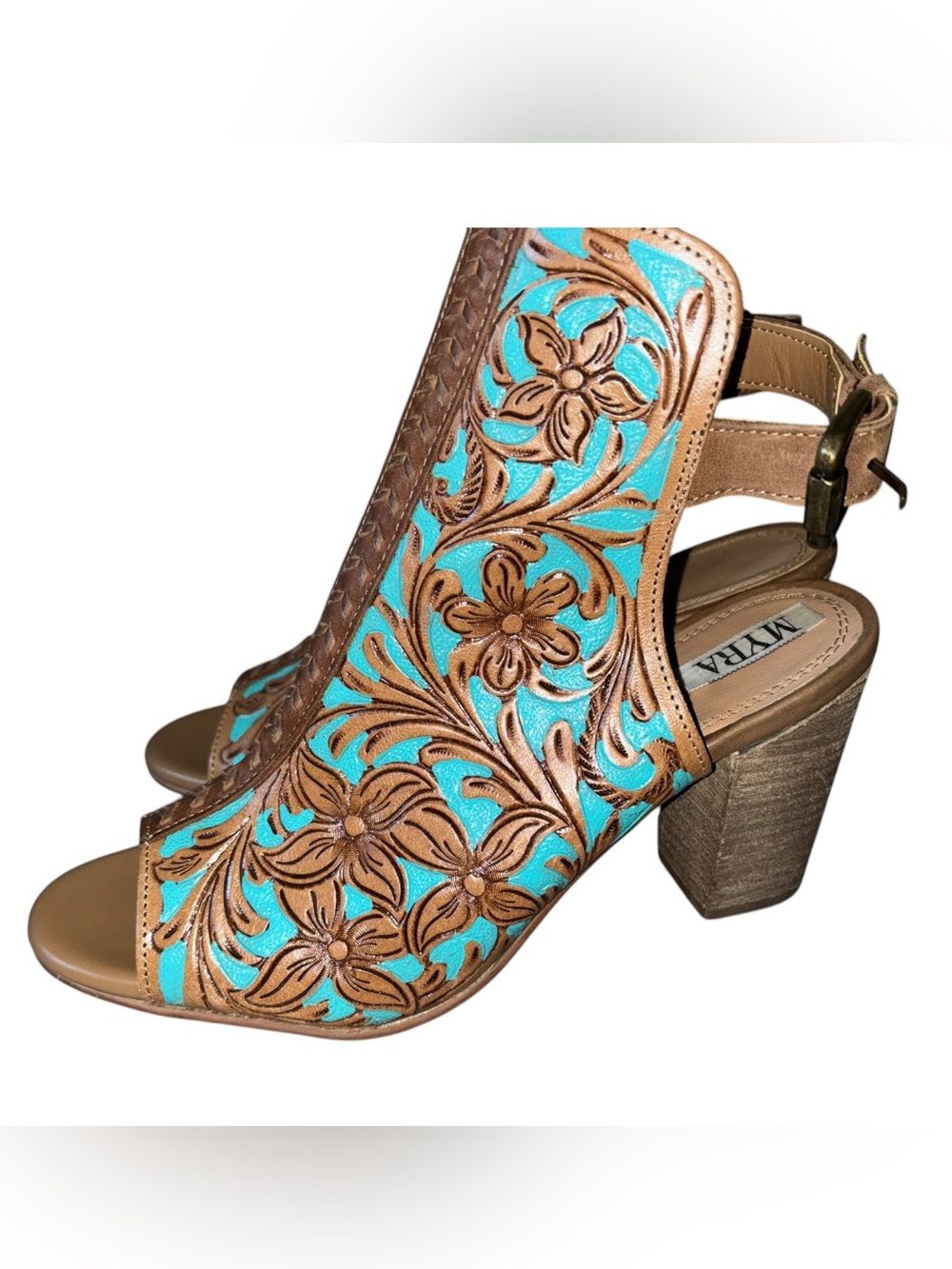 Myra Darlington Brown and turquoise Hand Tooled Leather Heels 9